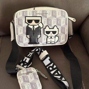 Karl Lagerfeld White and Black Graphic Crossbody Belt Bag